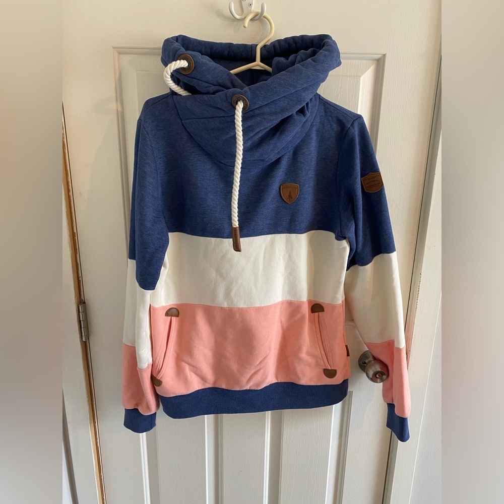 Wanakome Blue, White, and Pink Cowl Neck Sweater
